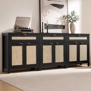SICOTAS Sideboard Buffet Storage Cabinet Set of 3, Rattan Credenza Buffet Table, Modern Console Accent Cabinet with Doors and Drawer, Coffee Bar for Kitchen Entryway Living Room, Black
