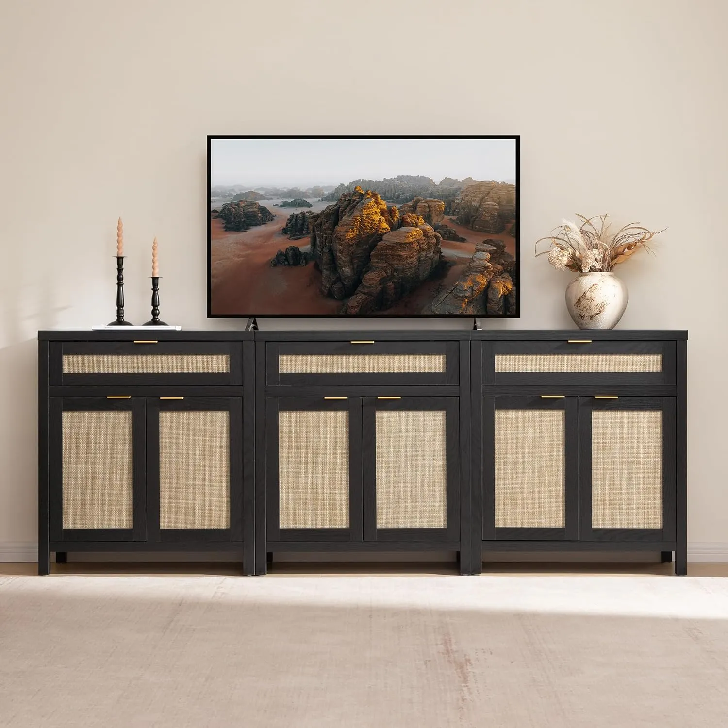 SICOTAS Sideboard Buffet Storage Cabinet Set of 3, Rattan Credenza Buffet Table, Modern Console Accent Cabinet with Doors and Drawer, Coffee Bar for Kitchen Entryway Living Room, Black