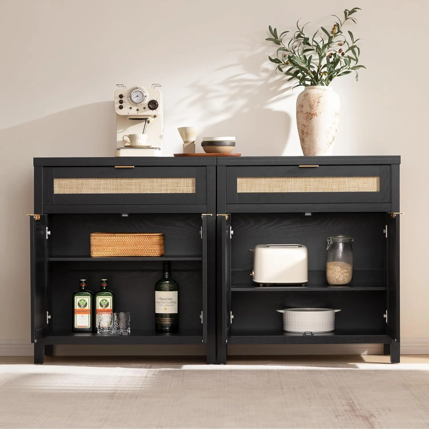 SICOTAS Sideboard Buffet Storage Cabinet Set of 3, Rattan Credenza Buffet Table, Modern Console Accent Cabinet with Doors and Drawer, Coffee Bar for Kitchen Entryway Living Room, Black