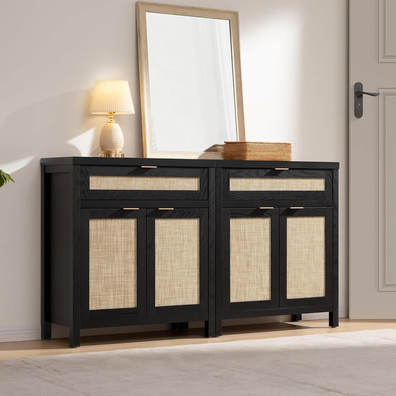 SICOTAS Sideboard Buffet Storage Cabinet Set of 3, Rattan Credenza Buffet Table, Modern Console Accent Cabinet with Doors and Drawer, Coffee Bar for Kitchen Entryway Living Room, Black