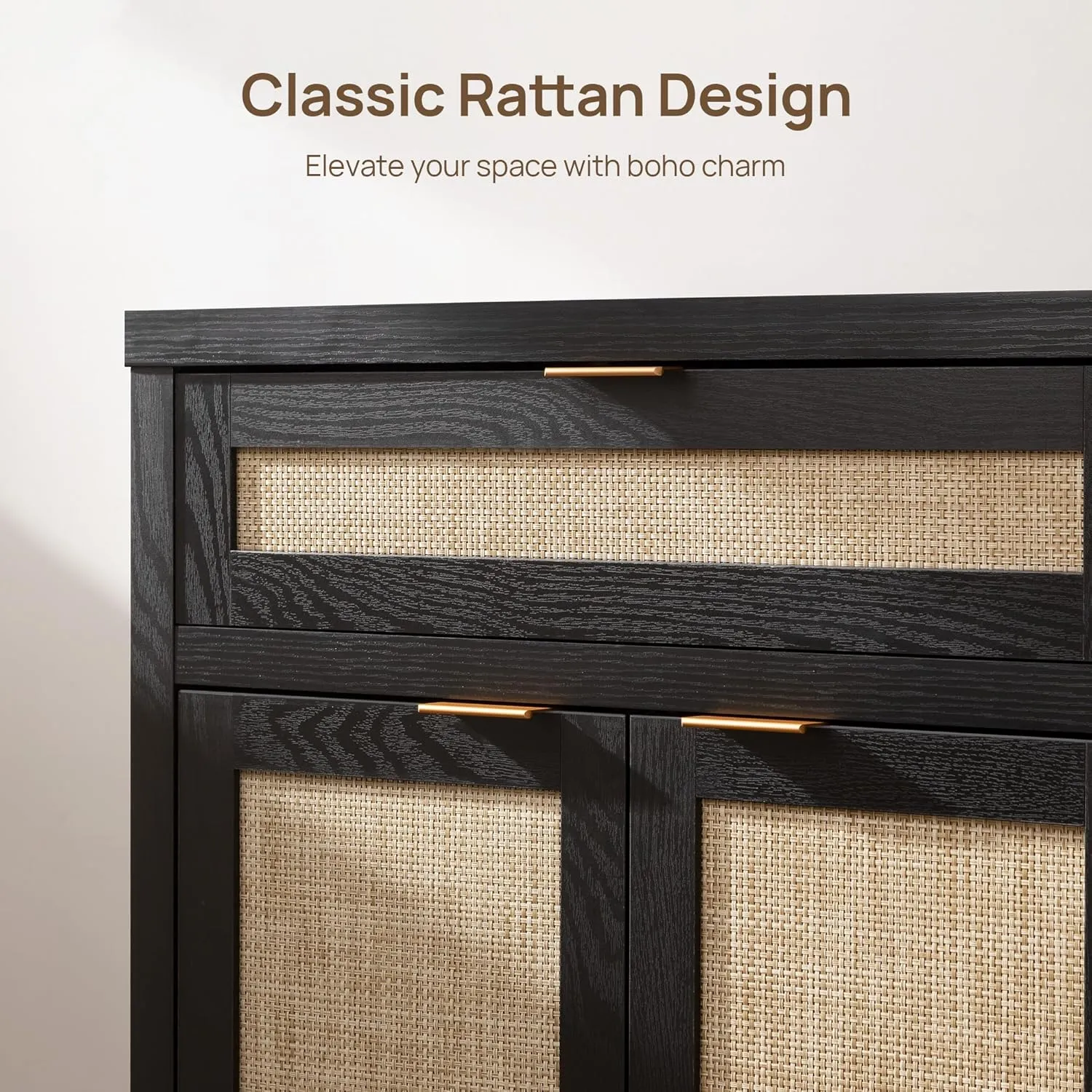 SICOTAS Sideboard Buffet Storage Cabinet Set of 3, Rattan Credenza Buffet Table, Modern Console Accent Cabinet with Doors and Drawer, Coffee Bar for Kitchen Entryway Living Room, Black