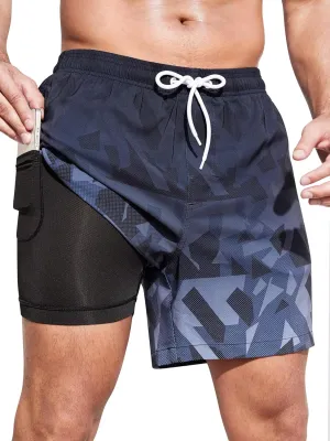 SILKWORLD Mens Swim Trunks with Compression Liner 2 in 1 Quick Dry Bathing Suit Beach Shorts with Zipper Pockets