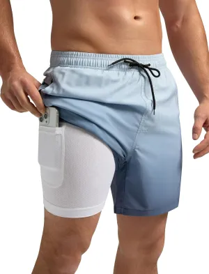 SILKWORLD Mens Swimming Trunks with Compression Liner Quick Dry 5 inch Swim Shorts with Zipper Pockets