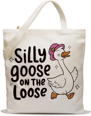 Silly Goose Canvas Tote Bags for Women Friend,Funny Duck Cotton Tote Bag for Shopping Grocery Beach,Brithday Christmas Thanksgiving Mother's Day Gifts,Silly Goose on The Loose-35