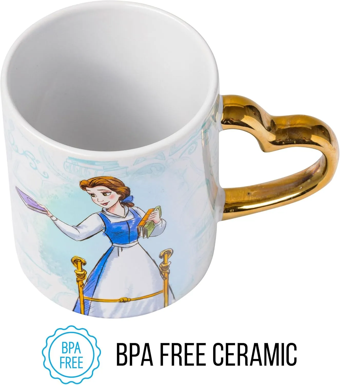 Silver Buffalo Disney Princess Beauty and the Beast Don't Mind the Books Gold Heart Shaped Handle 2 Pack Ceramic Mug Set, 14 Ounces