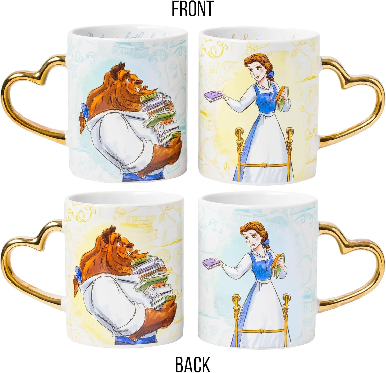 Silver Buffalo Disney Princess Beauty and the Beast Don't Mind the Books Gold Heart Shaped Handle 2 Pack Ceramic Mug Set, 14 Ounces