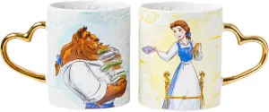 Silver Buffalo Disney Princess Beauty and the Beast Don't Mind the Books Gold Heart Shaped Handle 2 Pack Ceramic Mug Set, 14 Ounces