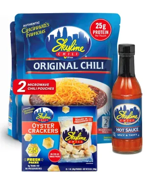 Skyline Chili Bundle Pack – 2 Original Chili Recipe Packets, 1 Skyline Hot Sauce Bottle, 25 Oyster Cracker Bags - Authentic Cincinnati Chili Flavor for Easy, Hearty Meals & Snacks
