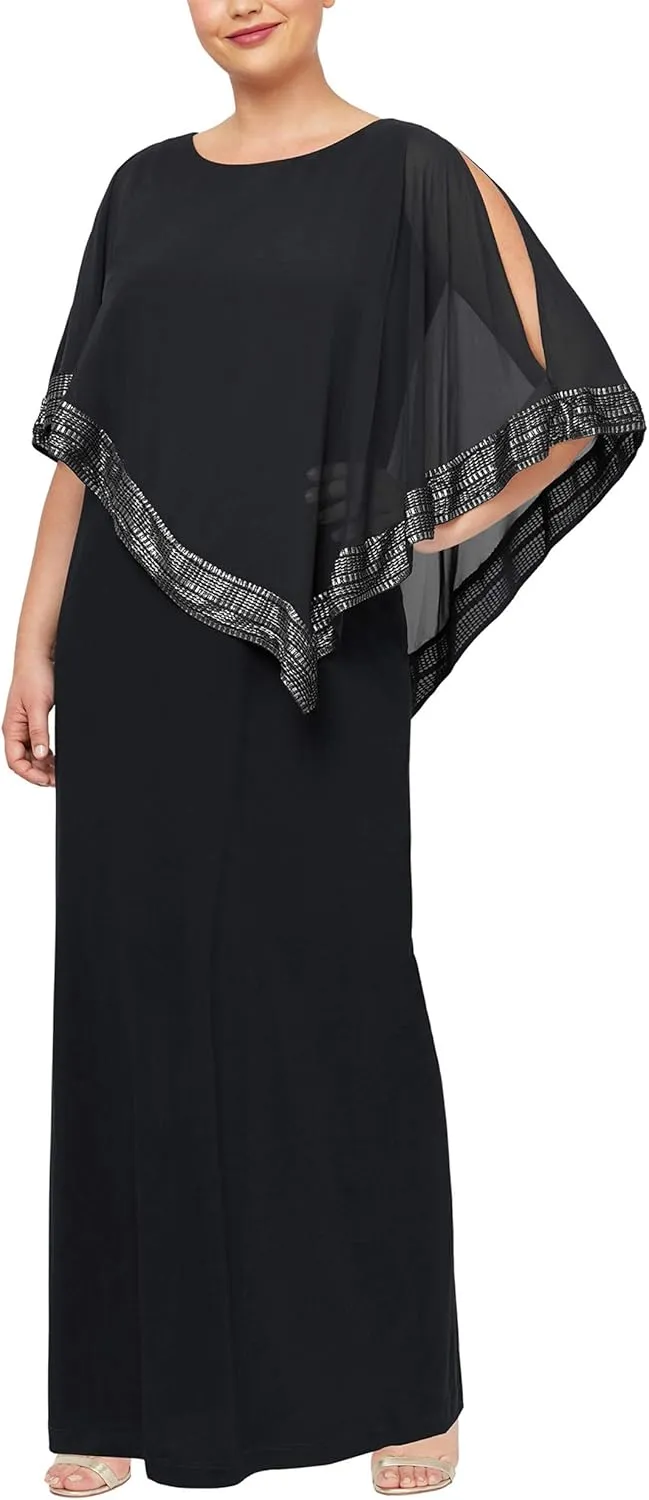 S.L. Fashions Women's Plus Size Long Cold Shoulder Capelet Dress with Metallic Trim