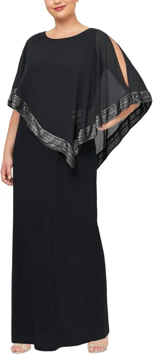 S.L. Fashions Women's Plus Size Long Cold Shoulder Capelet Dress with Metallic Trim