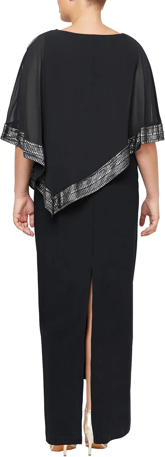 S.L. Fashions Women's Plus Size Long Cold Shoulder Capelet Dress with Metallic Trim