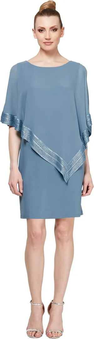 S.L. Fashions Women's Short Capelet Overlay Dress with Metallic Trim