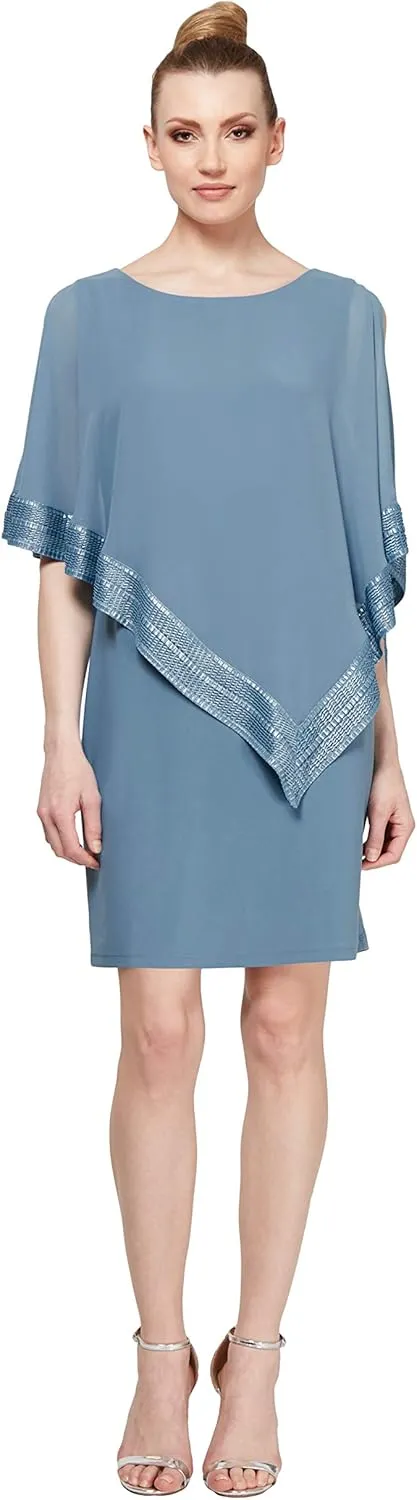 S.L. Fashions Women's Short Capelet Overlay Dress with Metallic Trim