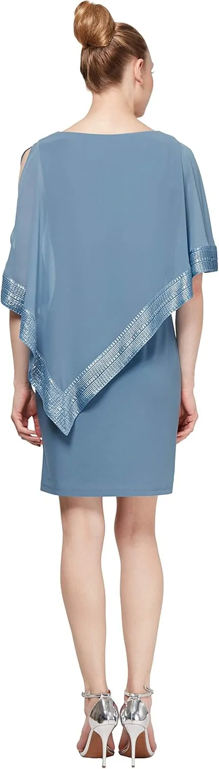 S.L. Fashions Women's Short Capelet Overlay Dress with Metallic Trim