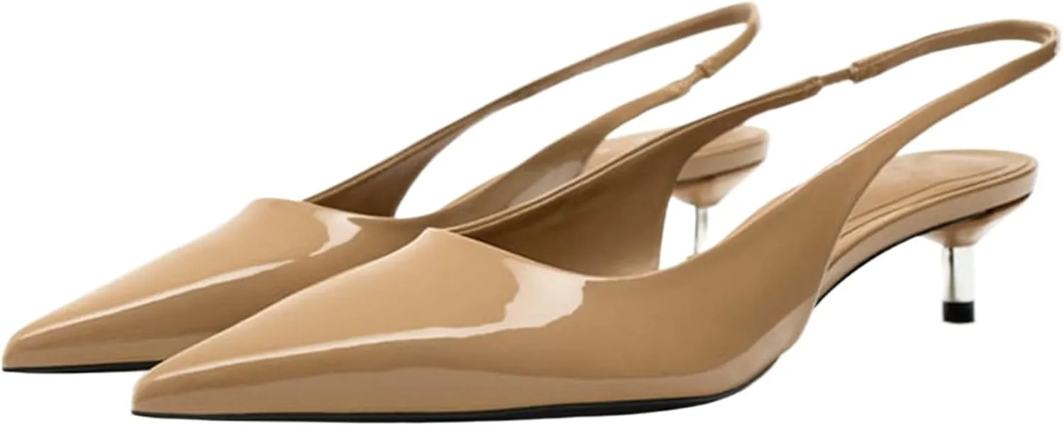 Slingback Kitten Heels for Women Pointed Toe Pumps Metallic Silver Heels