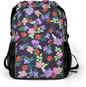 Small Naive Flowers Drawstring Gym Backpack Pink Wildflowers Sports Travel Daypack Sackpack Pockets String Cinch Bag for Men & Women