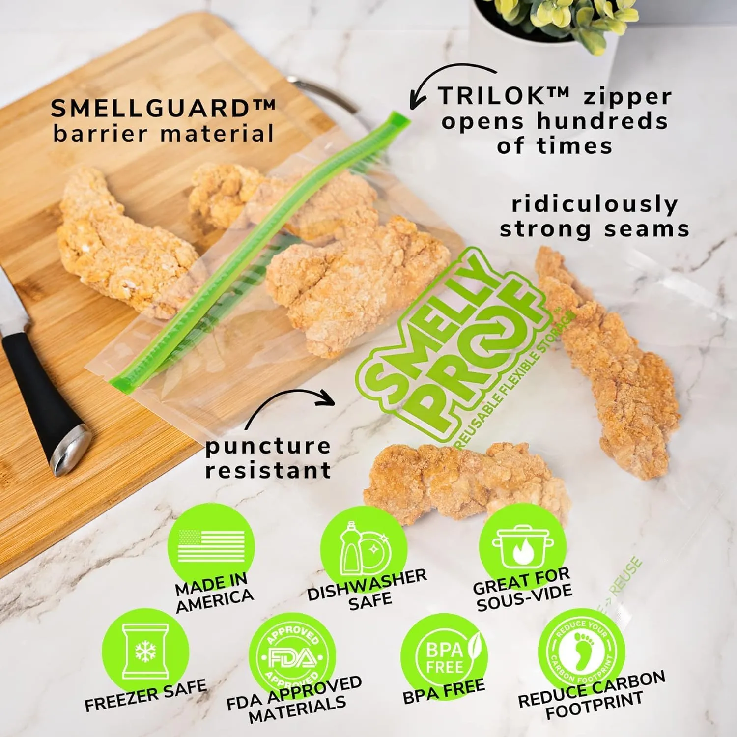 Smelly Proof 50pk Reusable Food Storage Bags - Made in USA, Dishwasher-Safe, BPA FREE, NO PEVA, XL Clear FLAT 10.5" x 12"