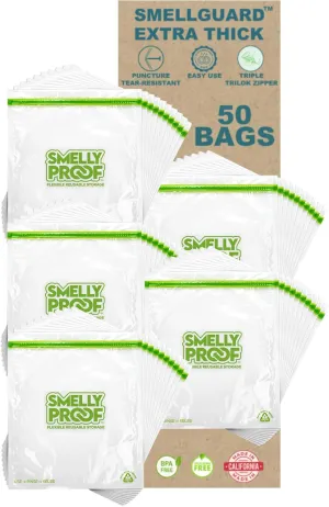 Smelly Proof 50pk Reusable Food Storage Bags - Made in USA, Dishwasher-Safe, BPA FREE, NO PEVA, XL Clear FLAT 10.5" x 12"