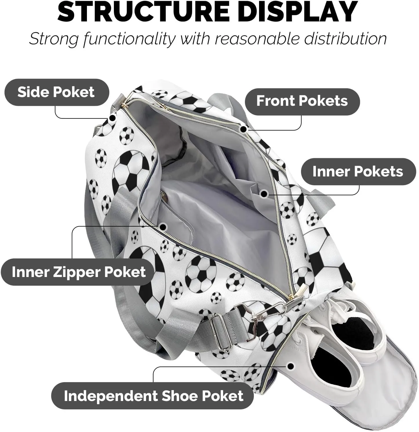 Soccer Balls White Personalized Duffel Bags Customized Multi-Function Travel Bag Gym Sports Bag Dance Ballet Overnight Carry On Weekend Bag