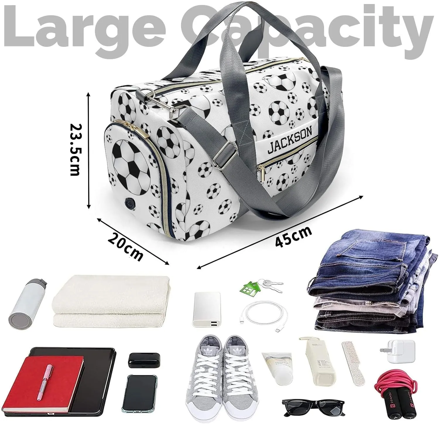 Soccer Balls White Personalized Duffel Bags Customized Multi-Function Travel Bag Gym Sports Bag Dance Ballet Overnight Carry On Weekend Bag