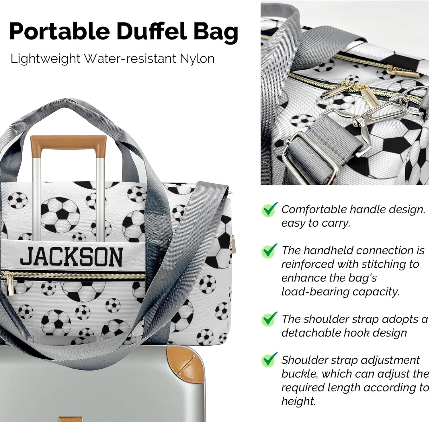 Soccer Balls White Personalized Duffel Bags Customized Multi-Function Travel Bag Gym Sports Bag Dance Ballet Overnight Carry On Weekend Bag