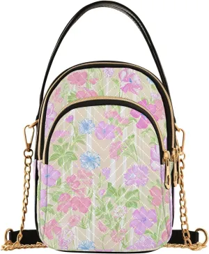Soft Pastel Flowers Beige Small Handbag Crossbody Bag for Women Quilted Bags Shoulder Purse Phone Wallet Chain Bag