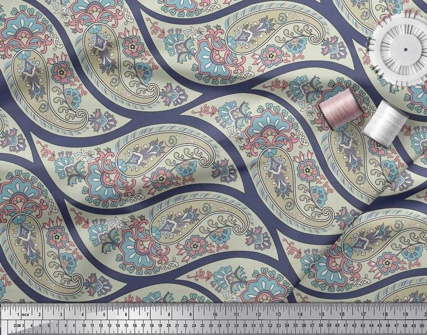 Soimoi Cotton Jersey Blue Fabric - by The Yard - 58 Inch Wide - Waves, Floral & Paisley Symphony - Flowing Waves Meet Floral and Paisley Patterns in a Stylish Harmony Printed Fabric