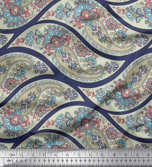 Soimoi Cotton Jersey Blue Fabric - by The Yard - 58 Inch Wide - Waves, Floral & Paisley Symphony - Flowing Waves Meet Floral and Paisley Patterns in a Stylish Harmony Printed Fabric