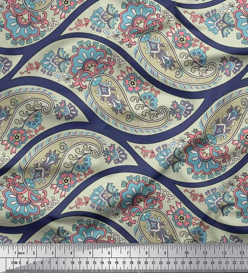 Soimoi Cotton Jersey Blue Fabric - by The Yard - 58 Inch Wide - Waves, Floral & Paisley Symphony - Flowing Waves Meet Floral and Paisley Patterns in a Stylish Harmony Printed Fabric