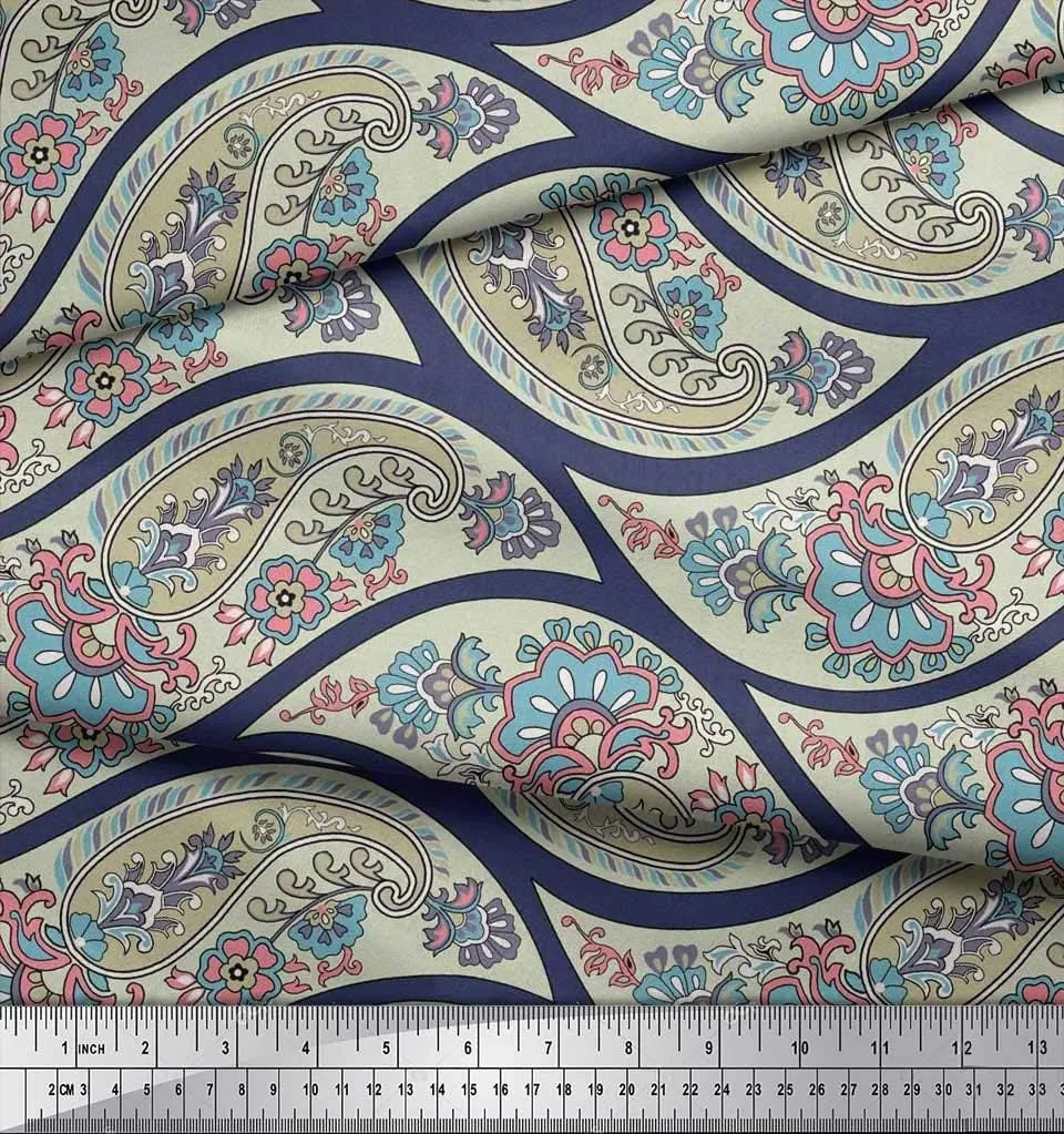 Soimoi Cotton Jersey Blue Fabric - by The Yard - 58 Inch Wide - Waves, Floral & Paisley Symphony - Flowing Waves Meet Floral and Paisley Patterns in a Stylish Harmony Printed Fabric