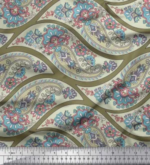 Soimoi Cotton Jersey Green Fabric - by The Yard - 58 Inch Wide - Waves, Floral & Paisley Symphony - Flowing Waves Meet Floral and Paisley Patterns in a Stylish Harmony Printed Fabric