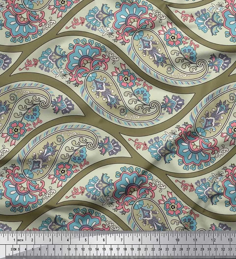 Soimoi Cotton Jersey Green Fabric - by The Yard - 58 Inch Wide - Waves, Floral & Paisley Symphony - Flowing Waves Meet Floral and Paisley Patterns in a Stylish Harmony Printed Fabric