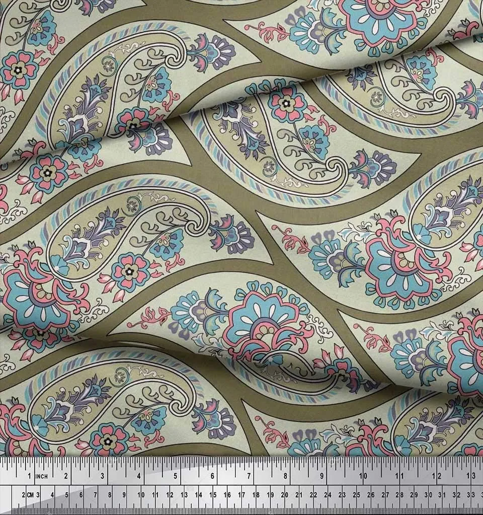 Soimoi Cotton Jersey Green Fabric - by The Yard - 58 Inch Wide - Waves, Floral & Paisley Symphony - Flowing Waves Meet Floral and Paisley Patterns in a Stylish Harmony Printed Fabric