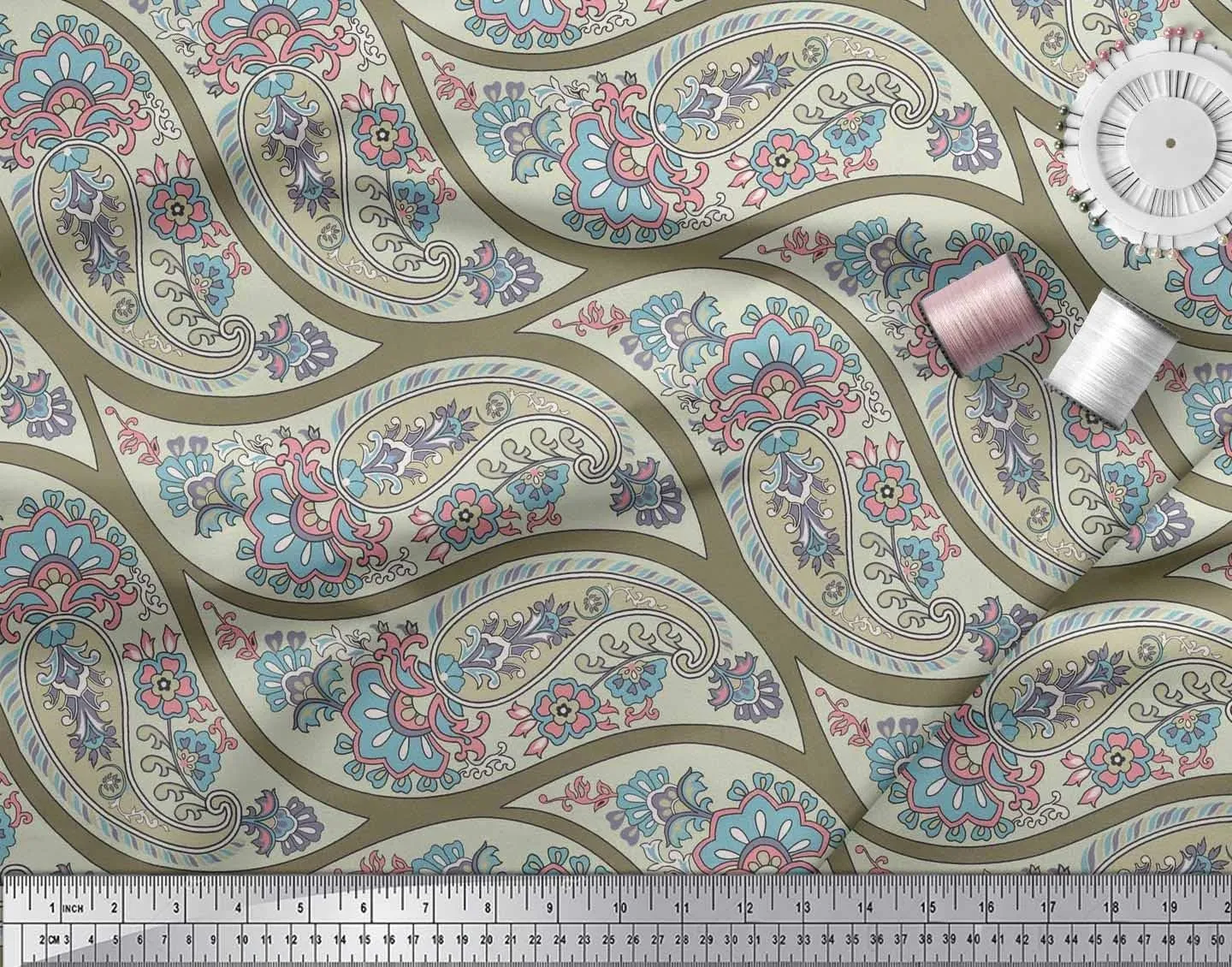 Soimoi Cotton Jersey Green Fabric - by The Yard - 58 Inch Wide - Waves, Floral & Paisley Symphony - Flowing Waves Meet Floral and Paisley Patterns in a Stylish Harmony Printed Fabric