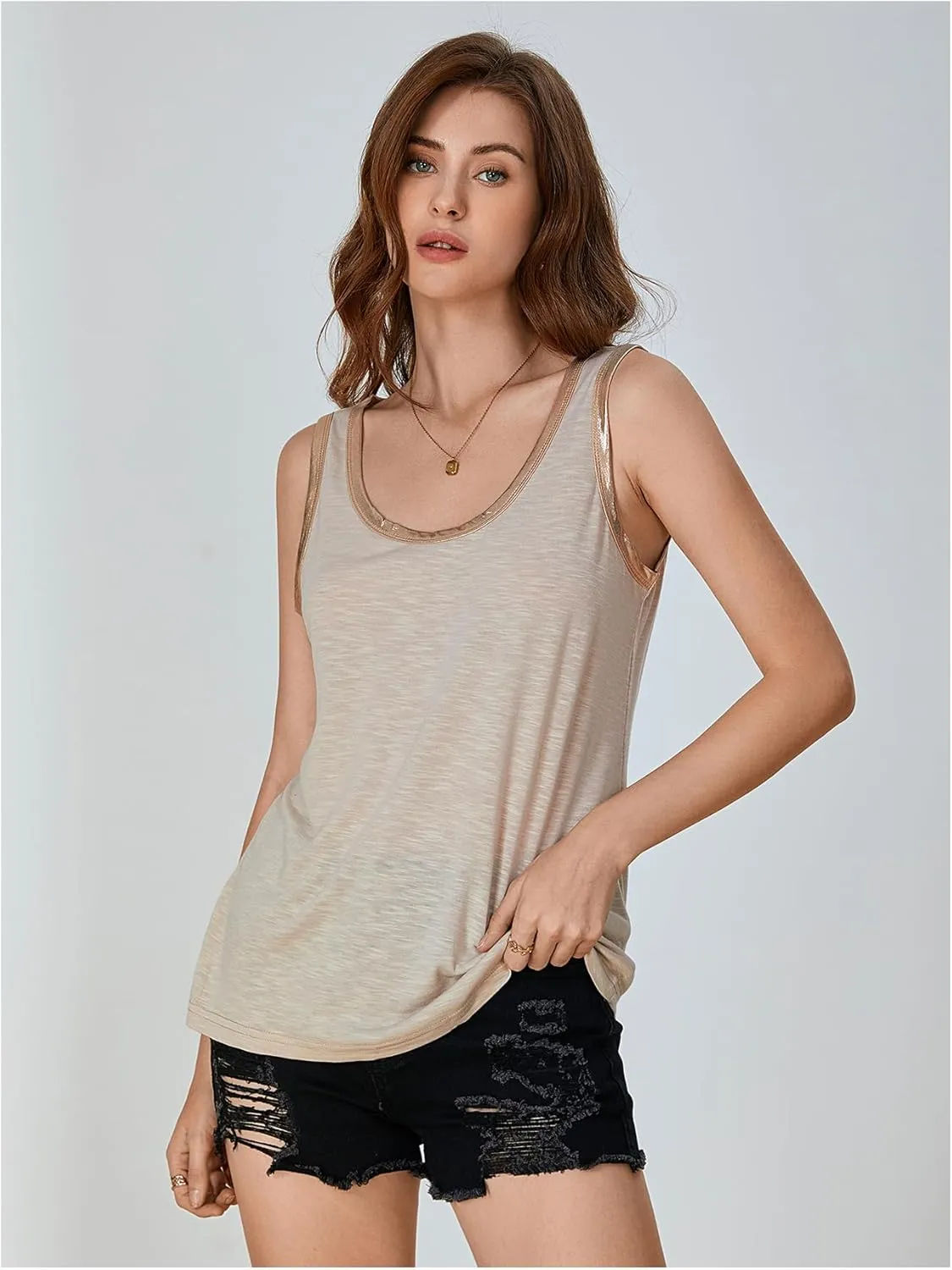 SOLY HUX Tank Top for Women Scoop Neck Sleeveless Contrast Metallic Summer Tops
