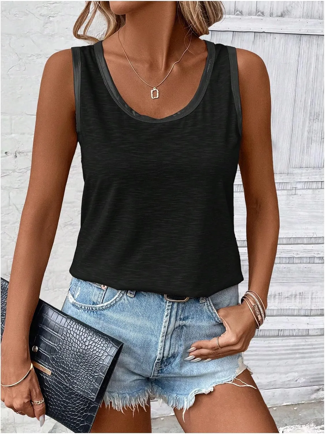 SOLY HUX Tank Top for Women Scoop Neck Sleeveless Contrast Metallic Summer Tops