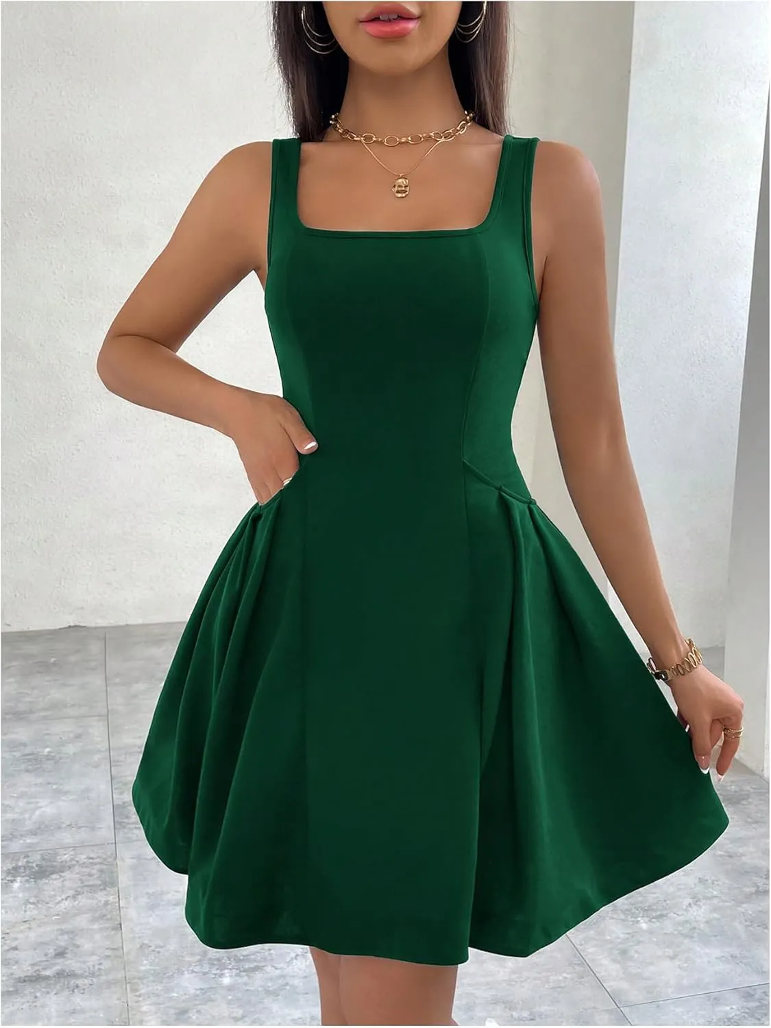 SOLY HUX Women's Summer Dress Square Neck Sleeveless A Line Flared Flowy Short Dresses
