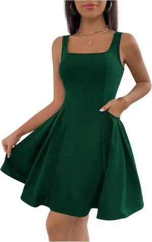 SOLY HUX Women's Summer Dress Square Neck Sleeveless A Line Flared Flowy Short Dresses