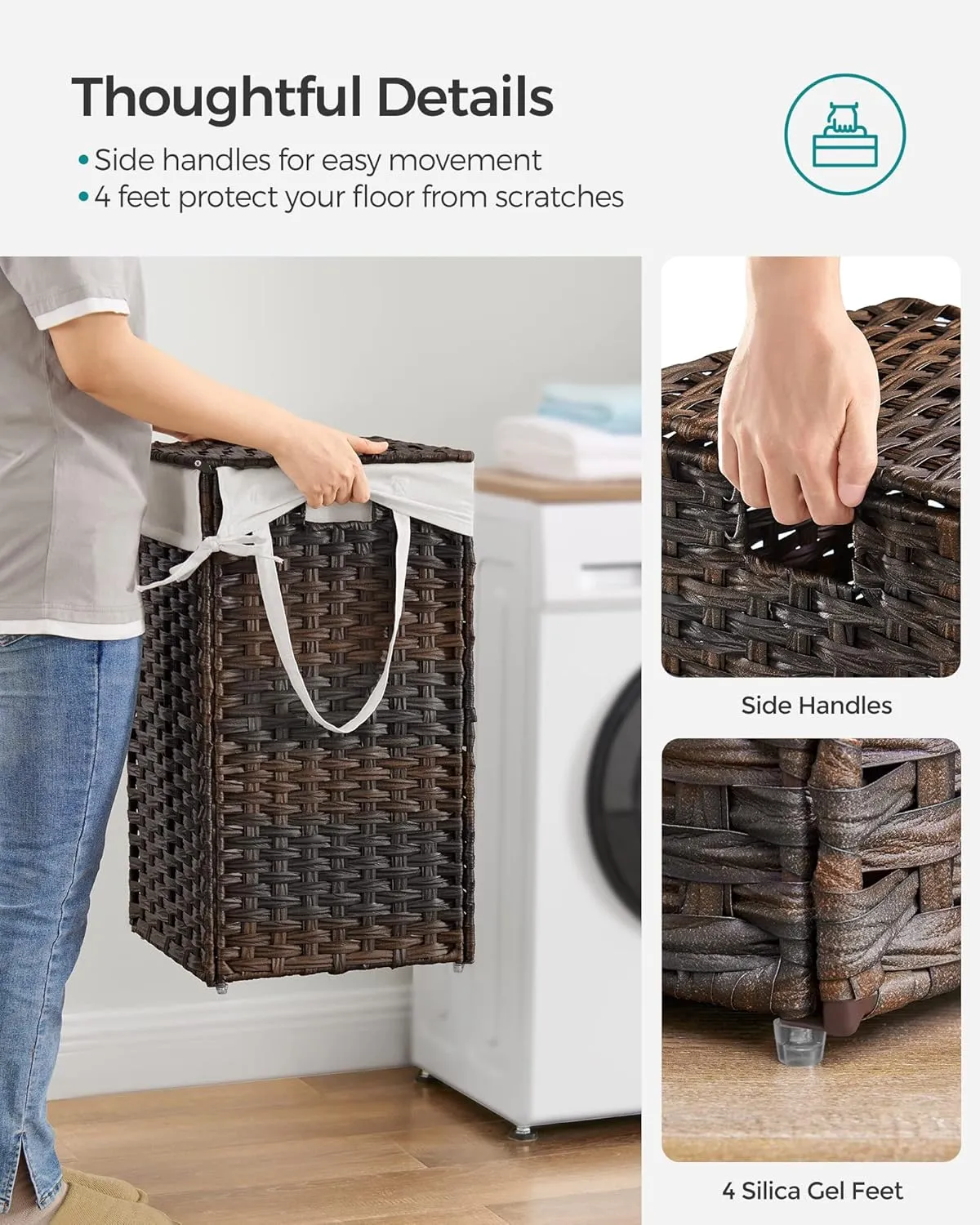 SONGMICS Laundry Hamper with Lid, 17.2 Gallon (65 L) Synthetic Rattan Clothes Laundry Basket with Lid and Handles, Foldable, Removable Liner, Chestnut Brown ULCB165K01