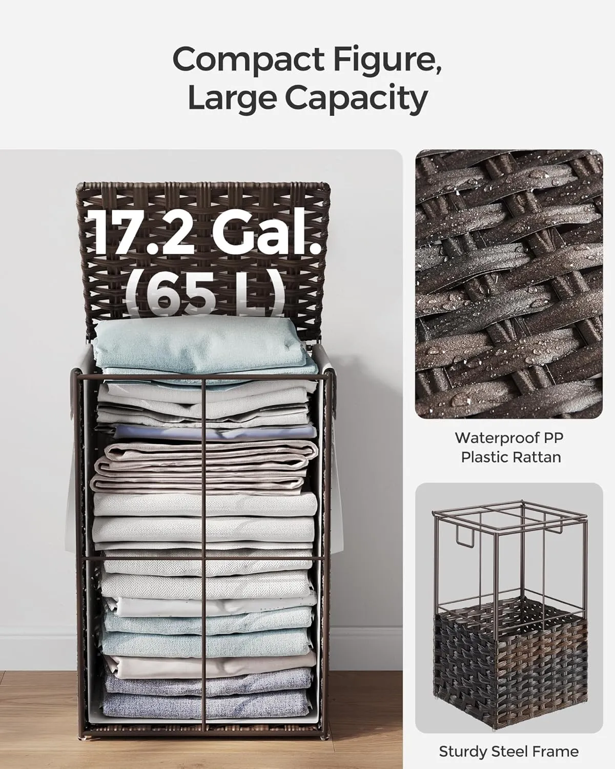 SONGMICS Laundry Hamper with Lid, 17.2 Gallon (65 L) Synthetic Rattan Clothes Laundry Basket with Lid and Handles, Foldable, Removable Liner, Chestnut Brown ULCB165K01