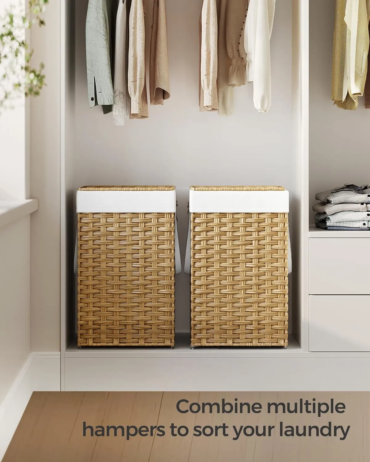 SONGMICS Laundry Hamper with Lid, 17.2 Gallon (65 L) Synthetic Rattan Clothes Laundry Basket with Lid and Handles, Foldable, Removable Liner, Goose Yellow ULCB165N01
