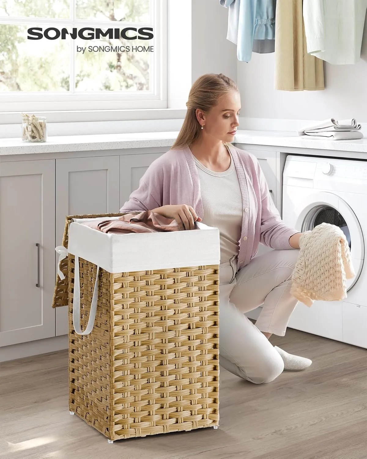 SONGMICS Laundry Hamper with Lid, 17.2 Gallon (65 L) Synthetic Rattan Clothes Laundry Basket with Lid and Handles, Foldable, Removable Liner, Goose Yellow ULCB165N01