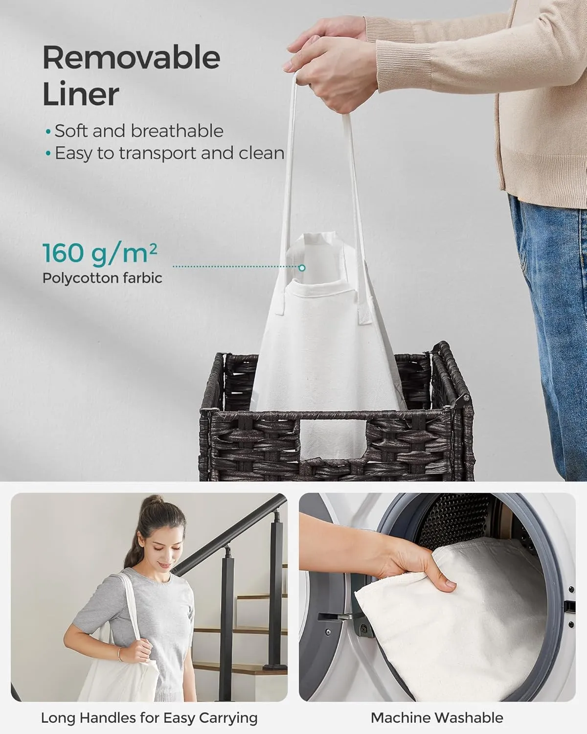 SONGMICS Laundry Hamper with Lid, 23.8 Gallon (90 L) Synthetic Rattan Clothes Laundry Basket with Lid and Handles, Foldable, Removable Liner, Black ULCB51BK