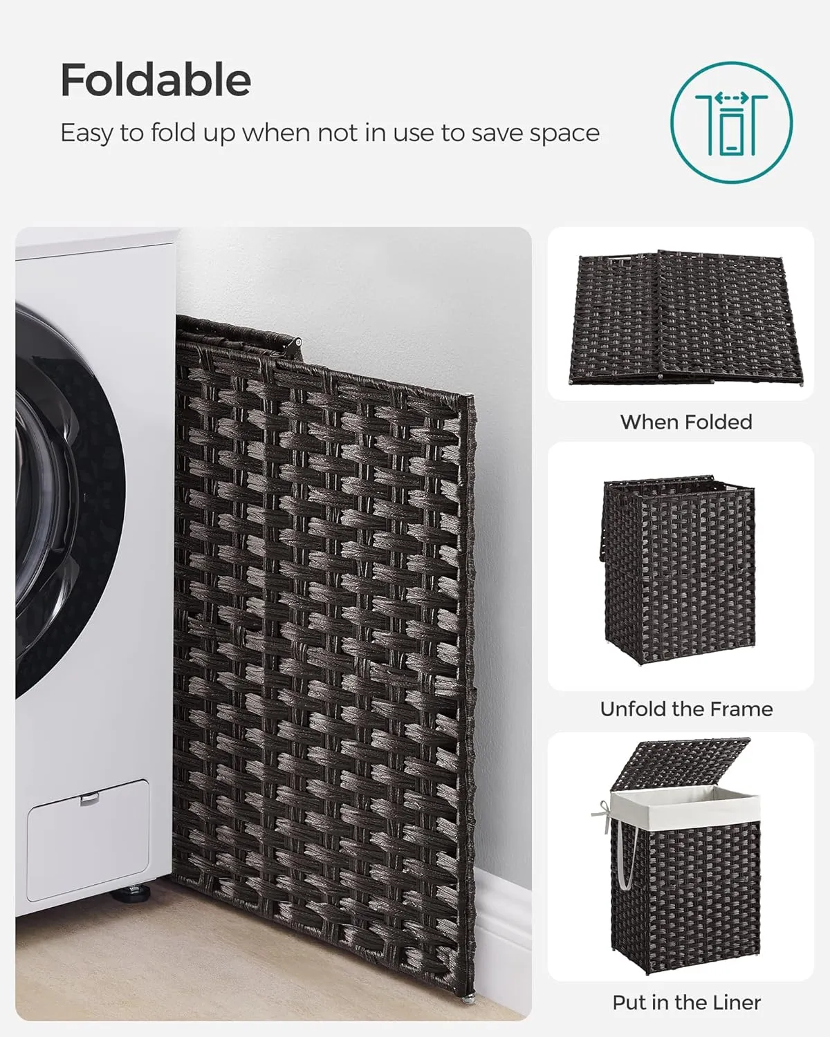 SONGMICS Laundry Hamper with Lid, 23.8 Gallon (90 L) Synthetic Rattan Clothes Laundry Basket with Lid and Handles, Foldable, Removable Liner, Black ULCB51BK