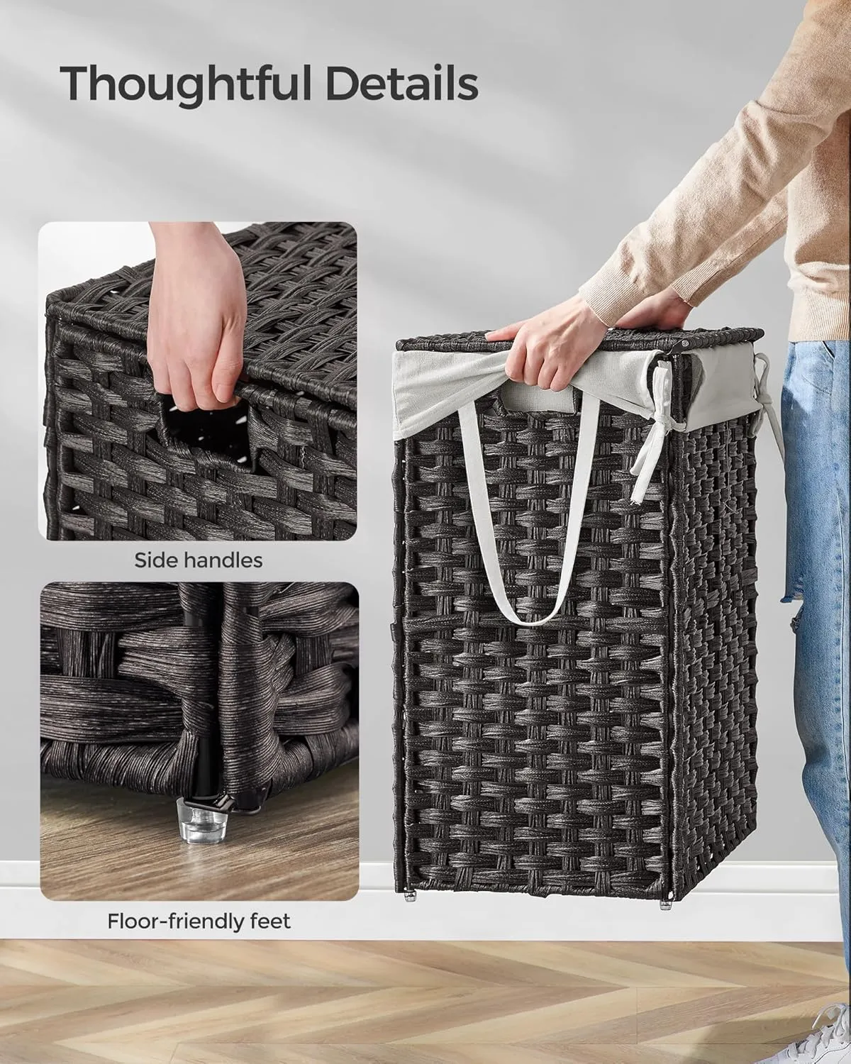 SONGMICS Laundry Hamper with Lid, 23.8 Gallon (90 L) Synthetic Rattan Clothes Laundry Basket with Lid and Handles, Foldable, Removable Liner, Black ULCB51BK