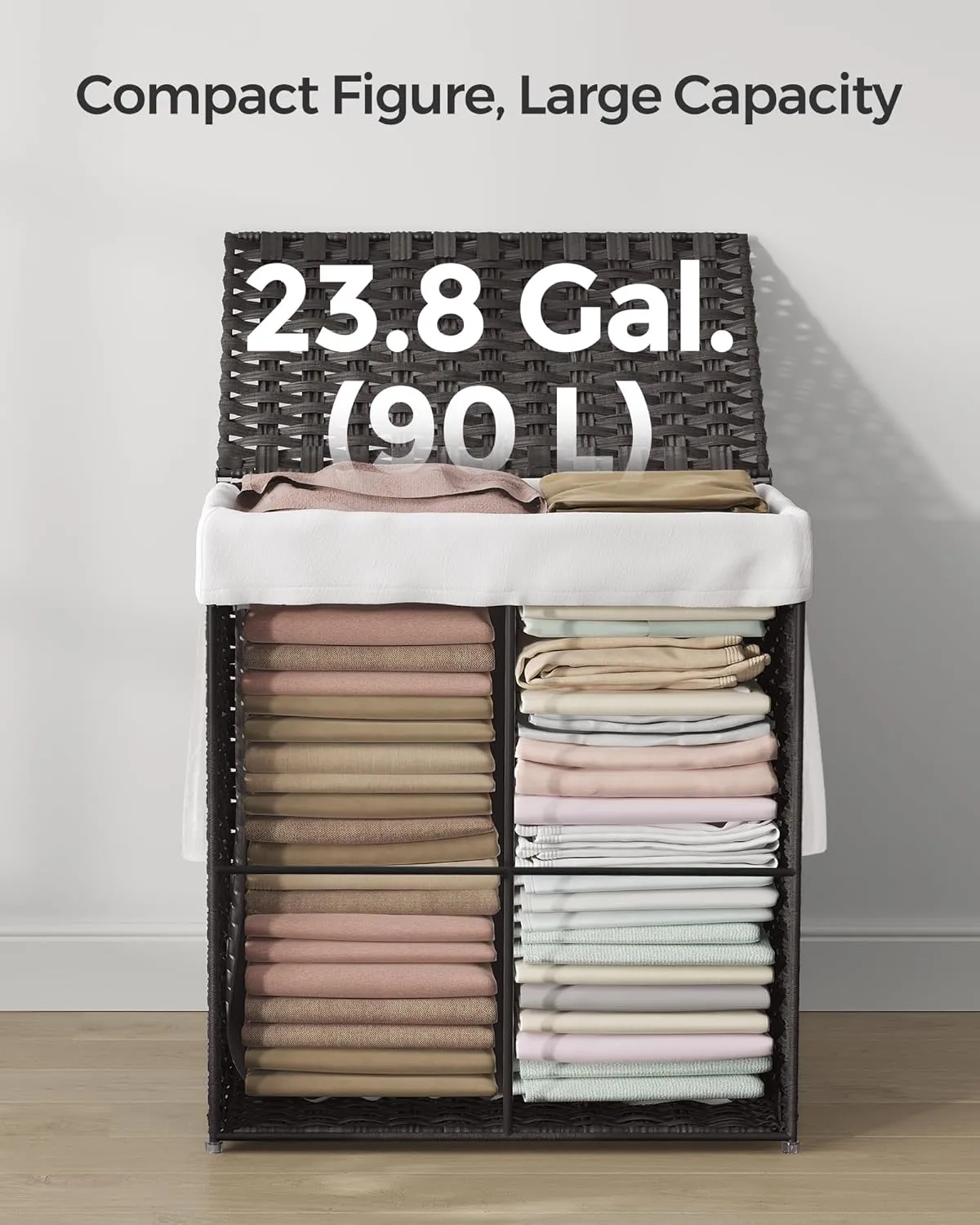 SONGMICS Laundry Hamper with Lid, 23.8 Gallon (90 L) Synthetic Rattan Clothes Laundry Basket with Lid and Handles, Foldable, Removable Liner, Black ULCB51BK