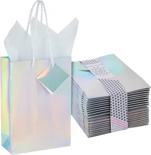 Sparkle and Bash Small Metallic Gift Bags with Handles - 5.5x2.5x7.9 Inch Metallic Goodie Bags with Foil Coating, White Tissue Paper Sheets, and Tags - Pack of 20