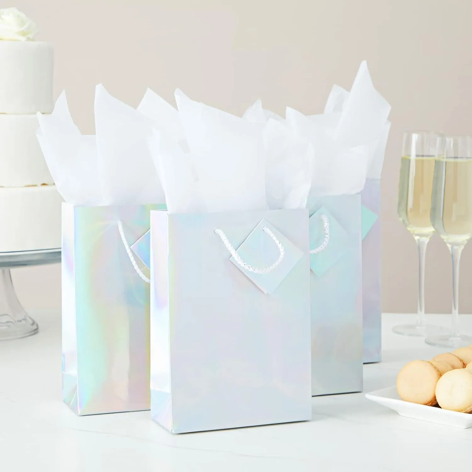 Sparkle and Bash Small Metallic Gift Bags with Handles - 5.5x2.5x7.9 Inch Metallic Goodie Bags with Foil Coating, White Tissue Paper Sheets, and Tags - Pack of 20