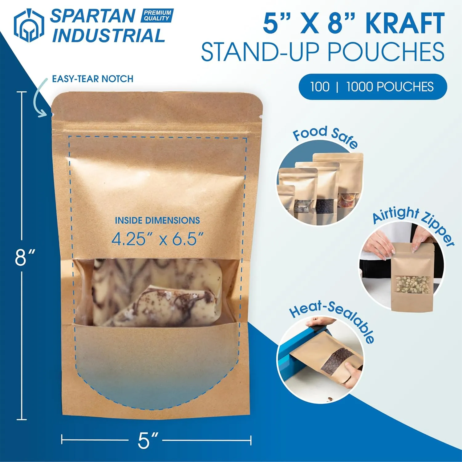 Spartan Industrial - 5" X 8" Kraft Zip Top Food Storage Bags - Pack of 1000 Smell-Proof Resealable Pouches for Packaging Coffee, Tea, Spices, Snacks, and More