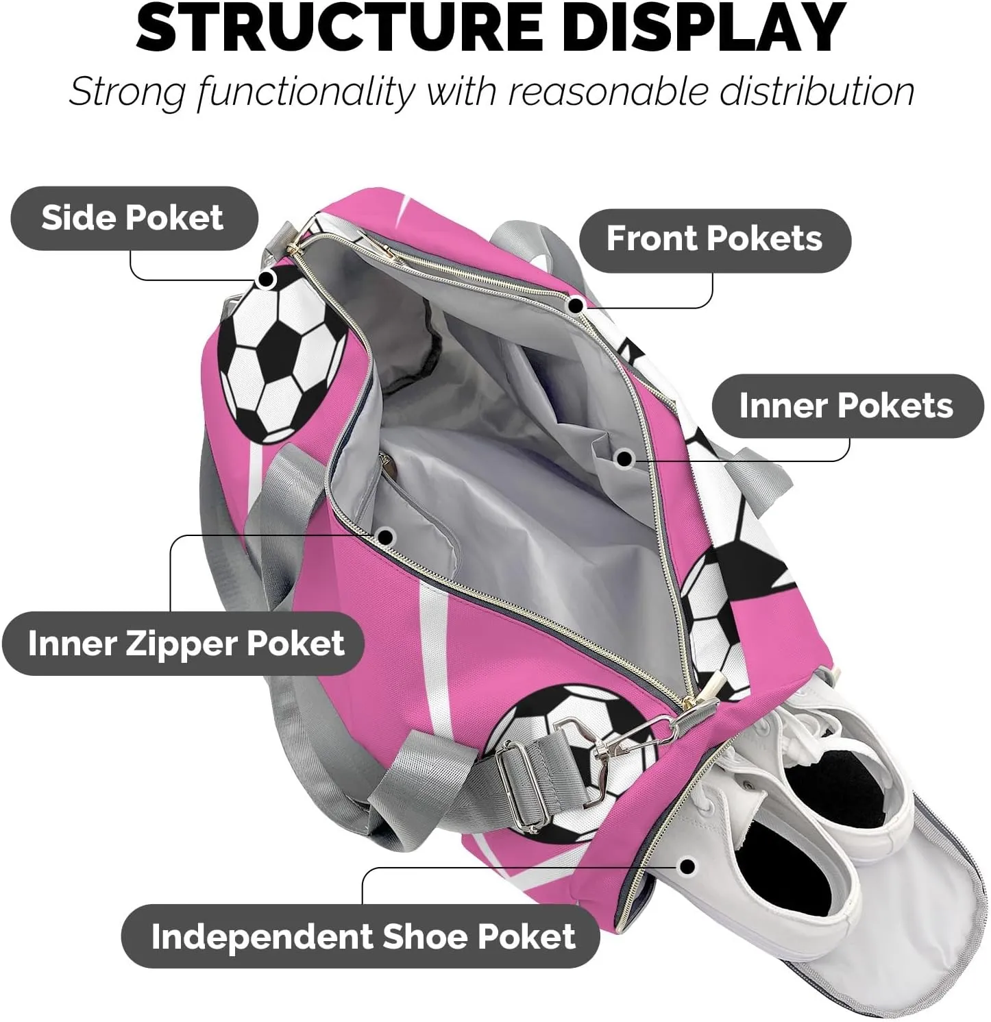 Sport Soccer Number Bright Pink Personalized Duffel Bag Custom Women Men Multi-Function Travel Bag Gym Sports Bag Gymnastic Yoga Bag Carry On Overnight Weekend Duffel Bags